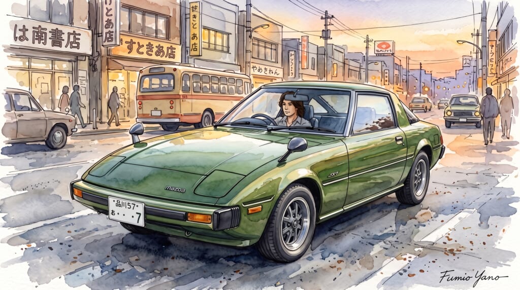 夕暮れのレトロな街並みを走る、初代マツダRX-7